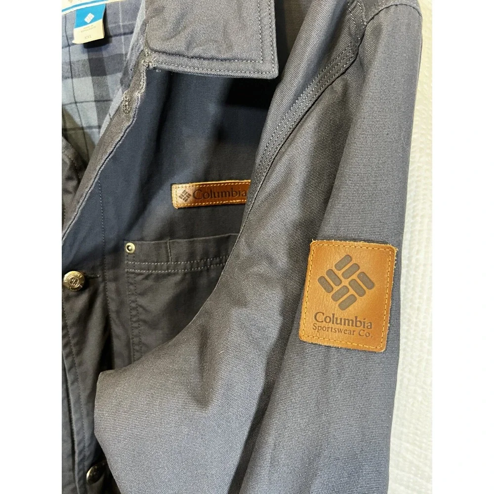Columbia Lodge Chore Coat Jacket Mens XXL Navy Blanket Leather‎ Patch Canvas 90s